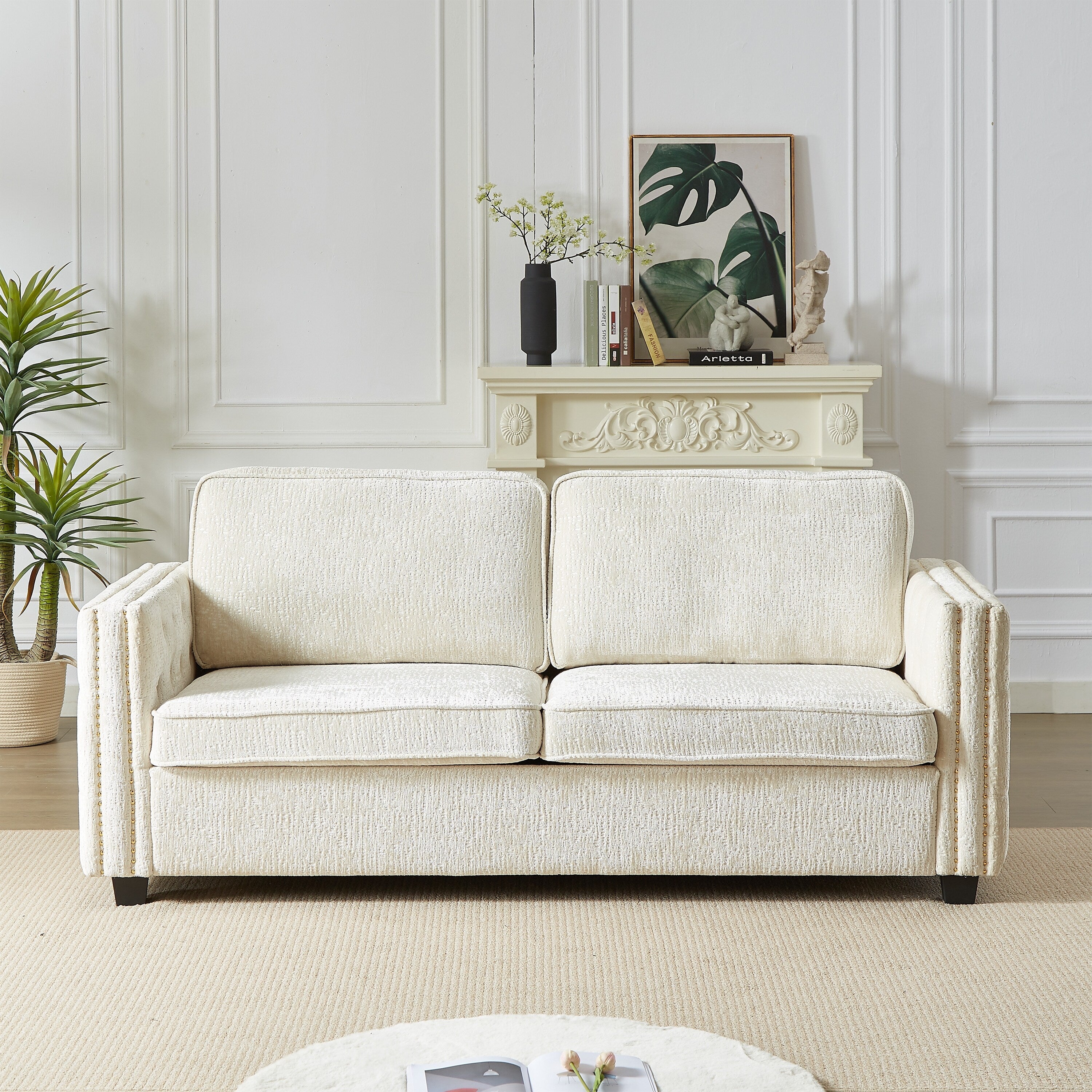 Canapé-lit 3 places beige 81 Chenille Nailheads avec matelas en mousse à mémoire de forme pour le salon