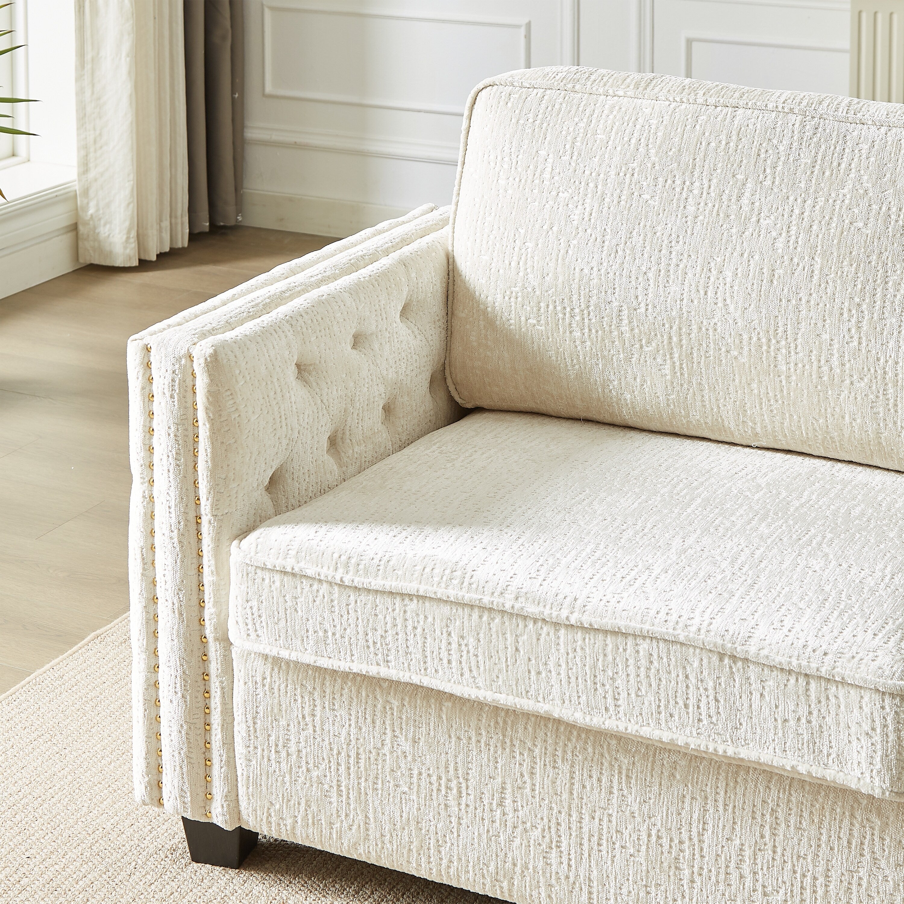 Canapé-lit 3 places beige 81 Chenille Nailheads avec matelas en mousse à mémoire de forme pour le salon