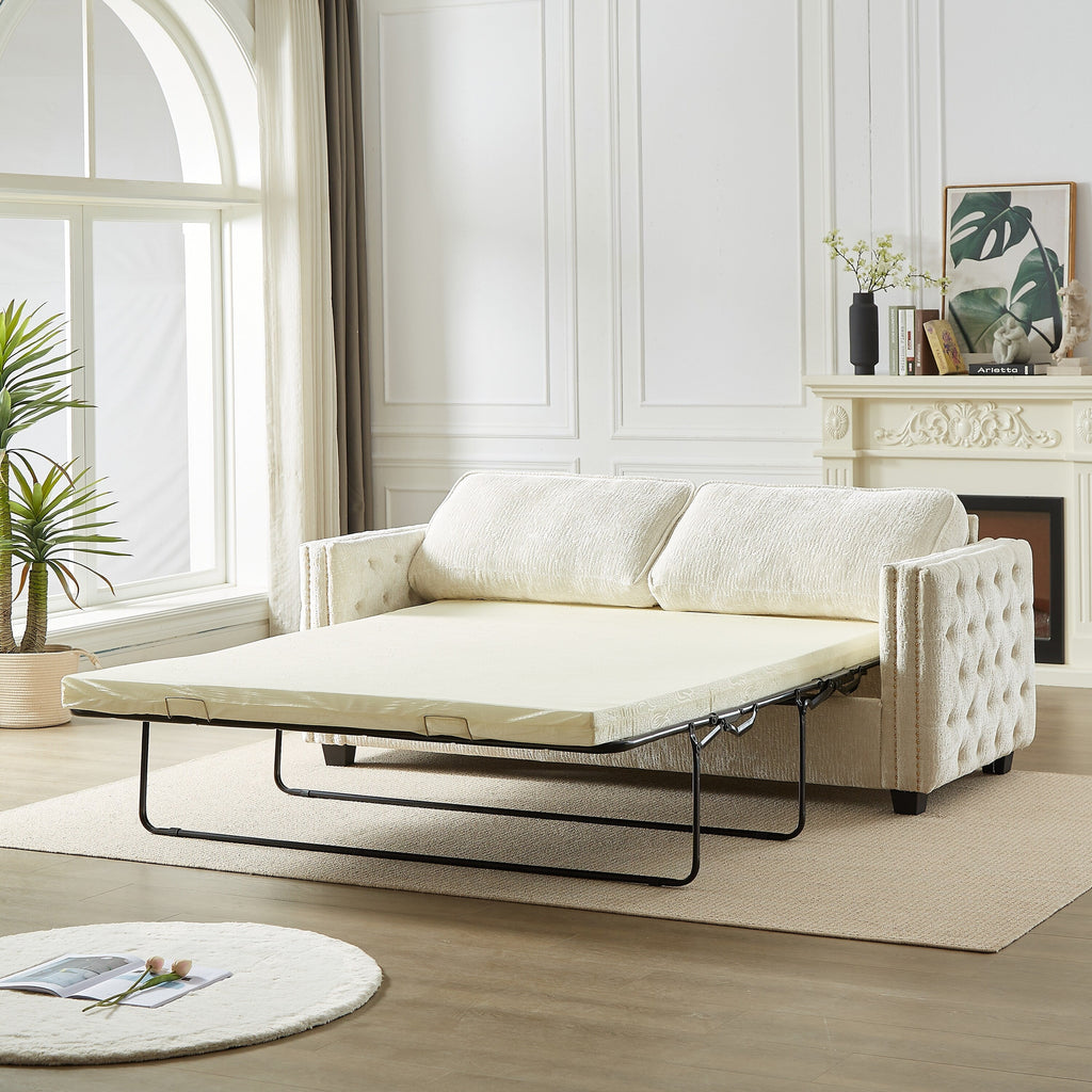 Canapé-lit 3 places beige 81 Chenille Nailheads avec matelas en mousse à mémoire de forme pour le salon