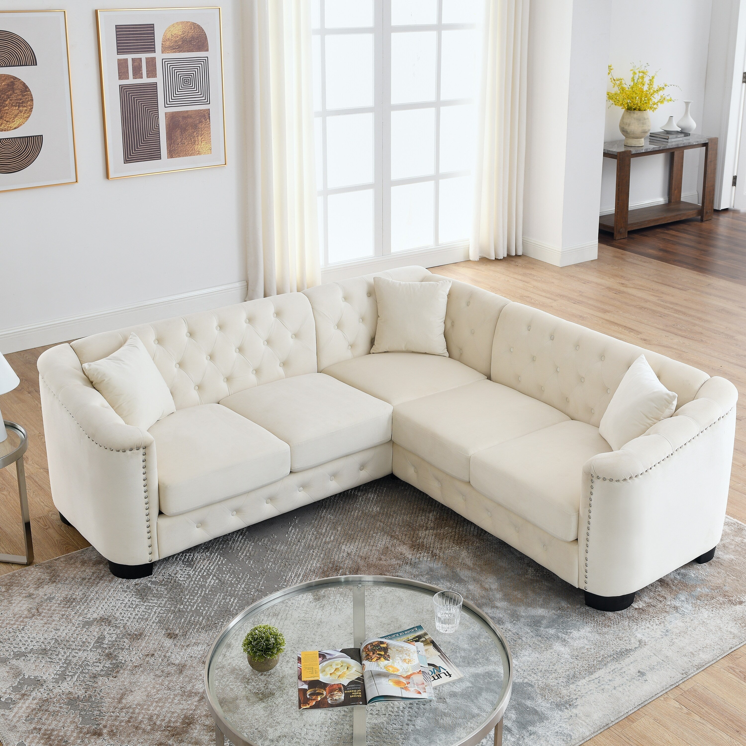 Canapé d'angle Chesterfield en velours beige de 82 po, 5 places en forme de L avec garniture cloutée, coussins amovibles et base en bois massif