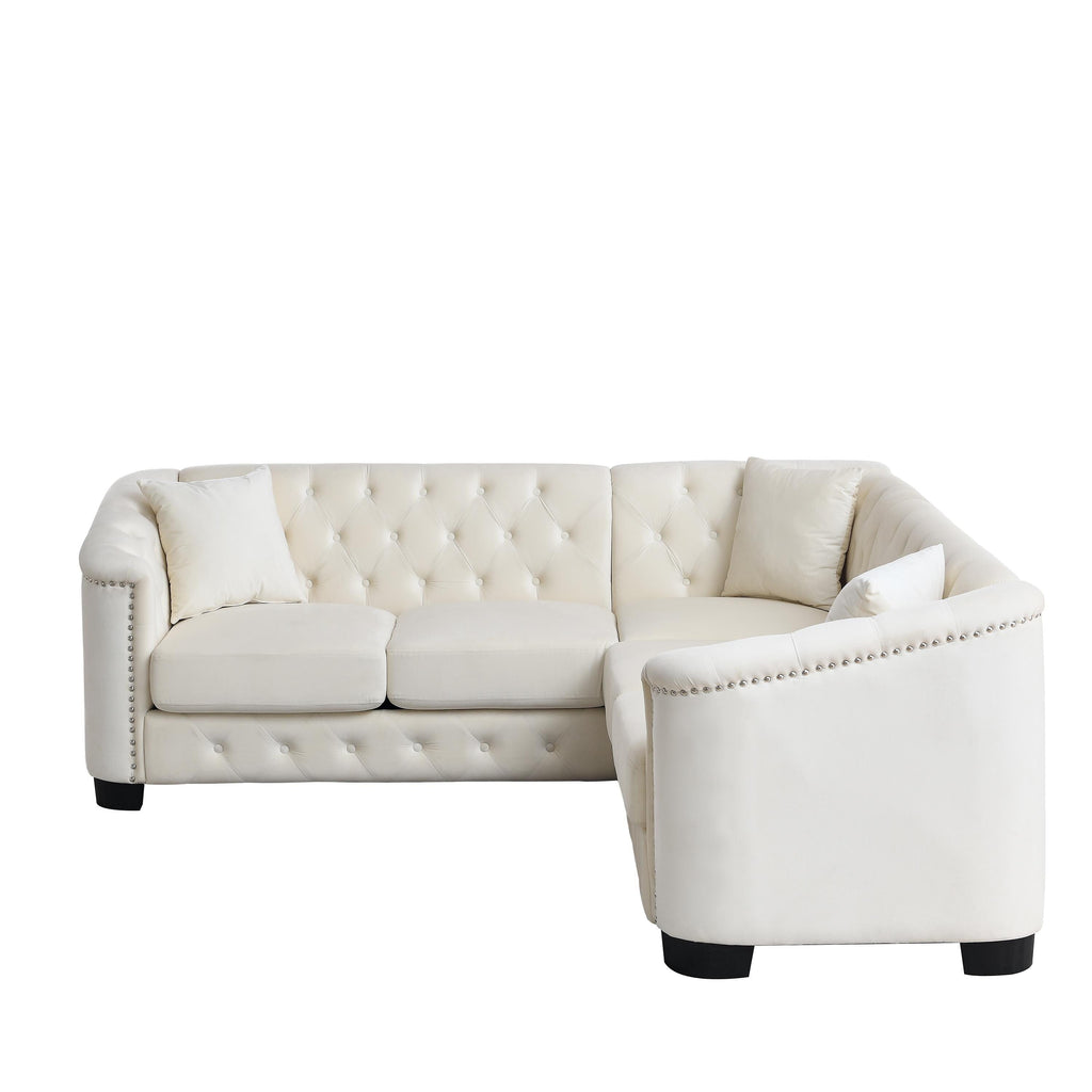 Canapé d'angle Chesterfield en velours beige 5 places 82 po avec 3 oreillers, garniture cloutée et coussins amovibles