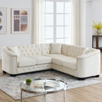 Canapé d'angle Chesterfield en velours beige 5 places 82 po avec 3 oreillers, garniture cloutée et coussins amovibles