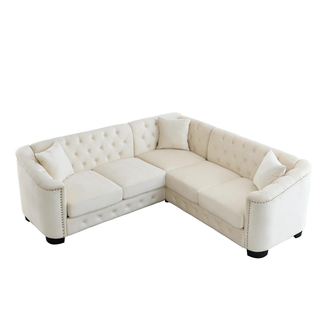 Canapé Chesterfield 5 places en L en velours beige de 82 po avec garniture cloutée, coussins amovibles et 3 oreillers