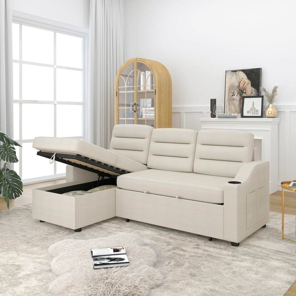 Canapé-lit convertible beige de 83,5 po avec lit gigogne, éclairage LED, ports USB et méridienne de rangement