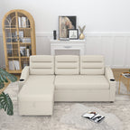 Canapé-lit convertible beige de 83,5 po avec lit gigogne, éclairage LED, ports USB et méridienne de rangement