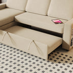 Canapé-lit 3 places en L en tissu beige de 217 cm avec lit gigogne, méridienne de rangement, ports USB et étagères