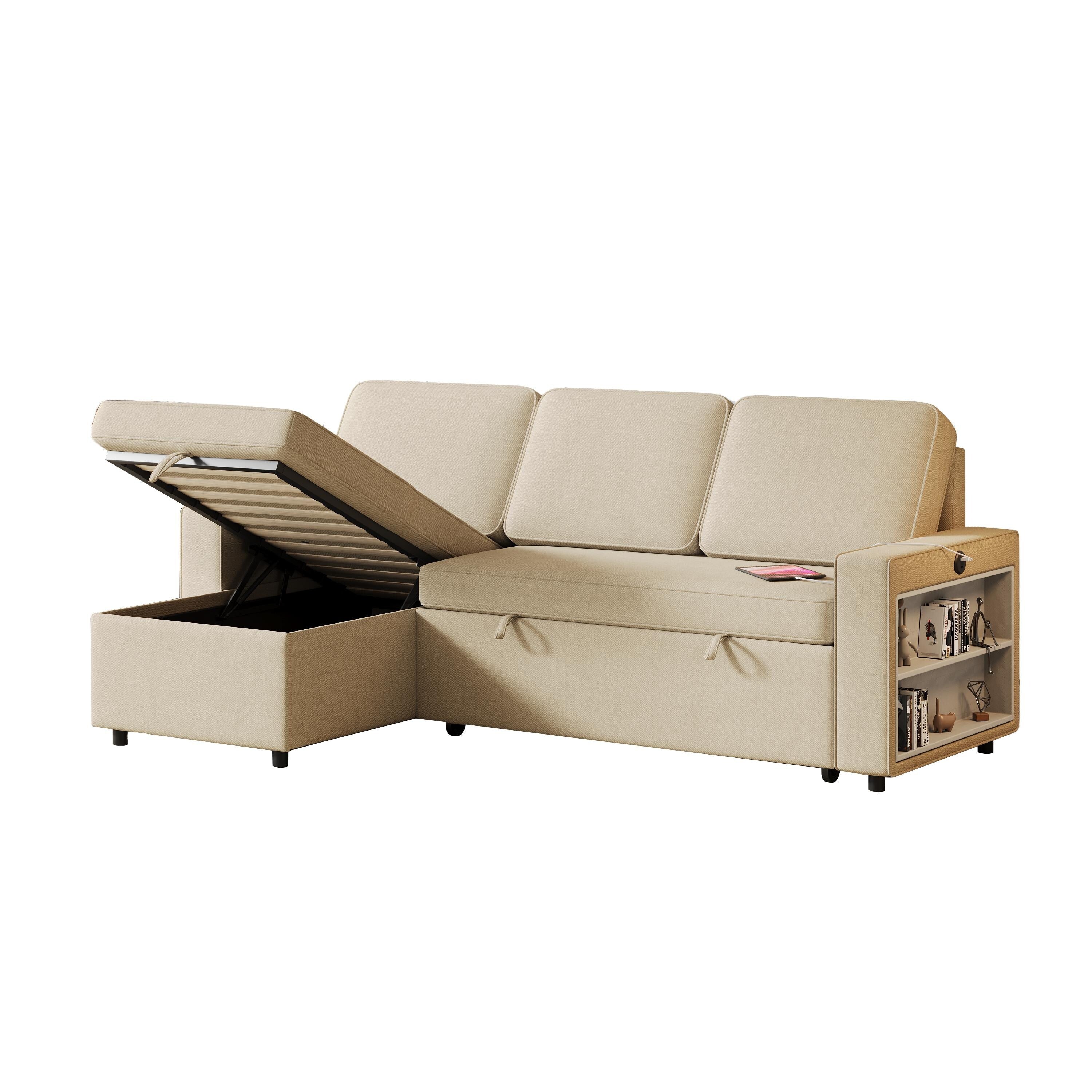 Canapé-lit 3 places en L en tissu beige de 217 cm avec lit gigogne, méridienne de rangement, ports USB et étagères