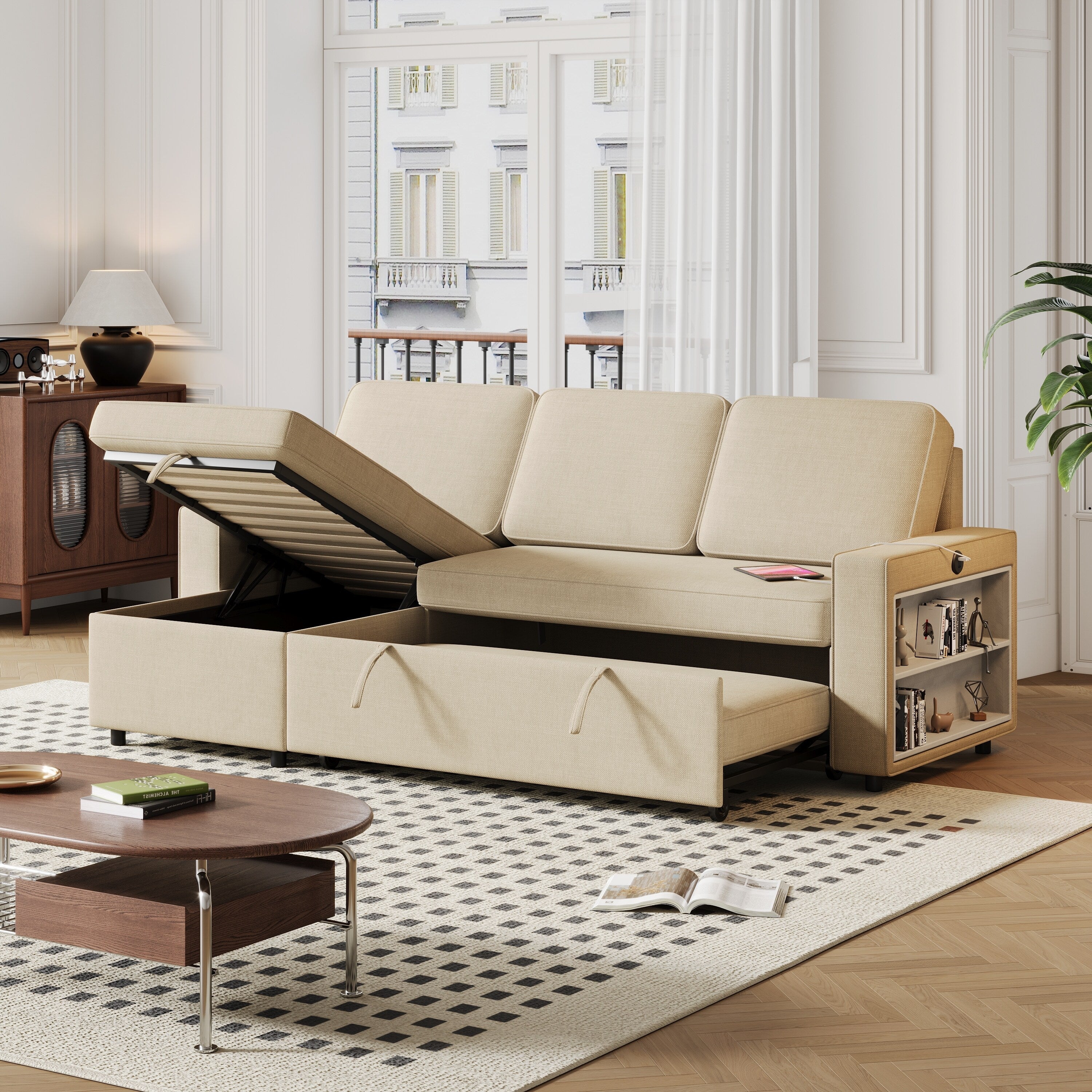 Canapé-lit 3 places en L en tissu beige de 217 cm avec lit gigogne, méridienne de rangement, ports USB et étagères