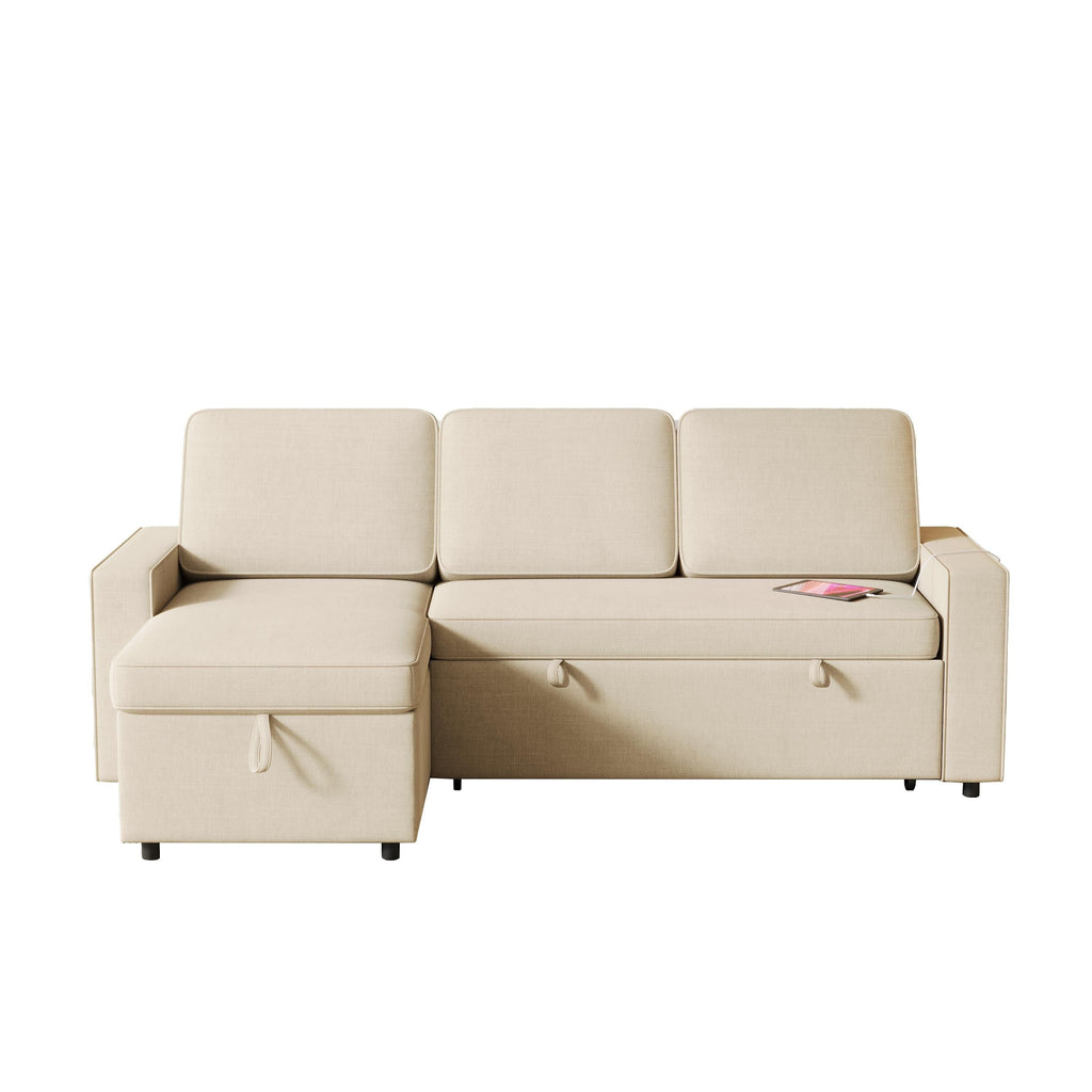 Canapé-lit 3 places en L en tissu beige de 217 cm avec lit gigogne, méridienne de rangement, ports USB et étagères