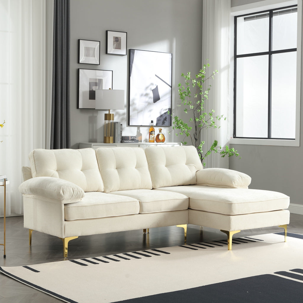 Canapé 3 places en tissu beige 85'' en forme de L avec méridienne, cadre en bois et renfort de coussin à ressorts