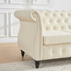 Canapé Chesterfield beige en lin de 86,6 po en forme de L avec accoudoirs roulés, capitonnage à boutons, détails cloutés et pieds en bois en forme de gourde