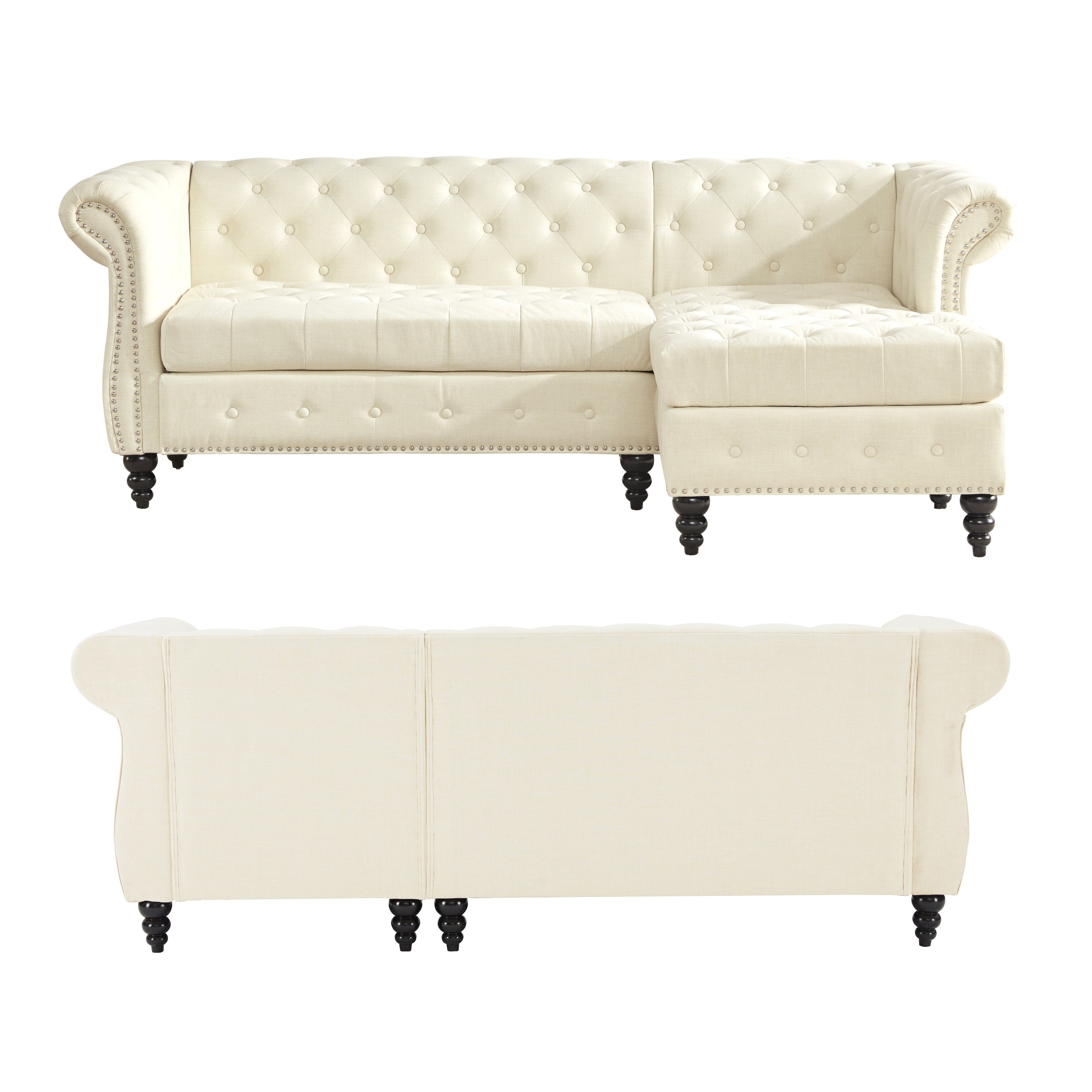 Canapé Chesterfield beige en lin de 86,6 po en forme de L avec capitonnage à boutons, accoudoirs roulés, garniture cloutée et pieds en bois de calebasse