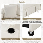 Canapé-lit 3 places en tissu beige de 221 cm avec lit gigogne, roulettes, ports USB, prises de courant et porte-gobelets intégrés