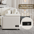 Canapé-lit 3 places en tissu beige de 221 cm avec lit gigogne, roulettes, ports USB, prises de courant et porte-gobelets intégrés