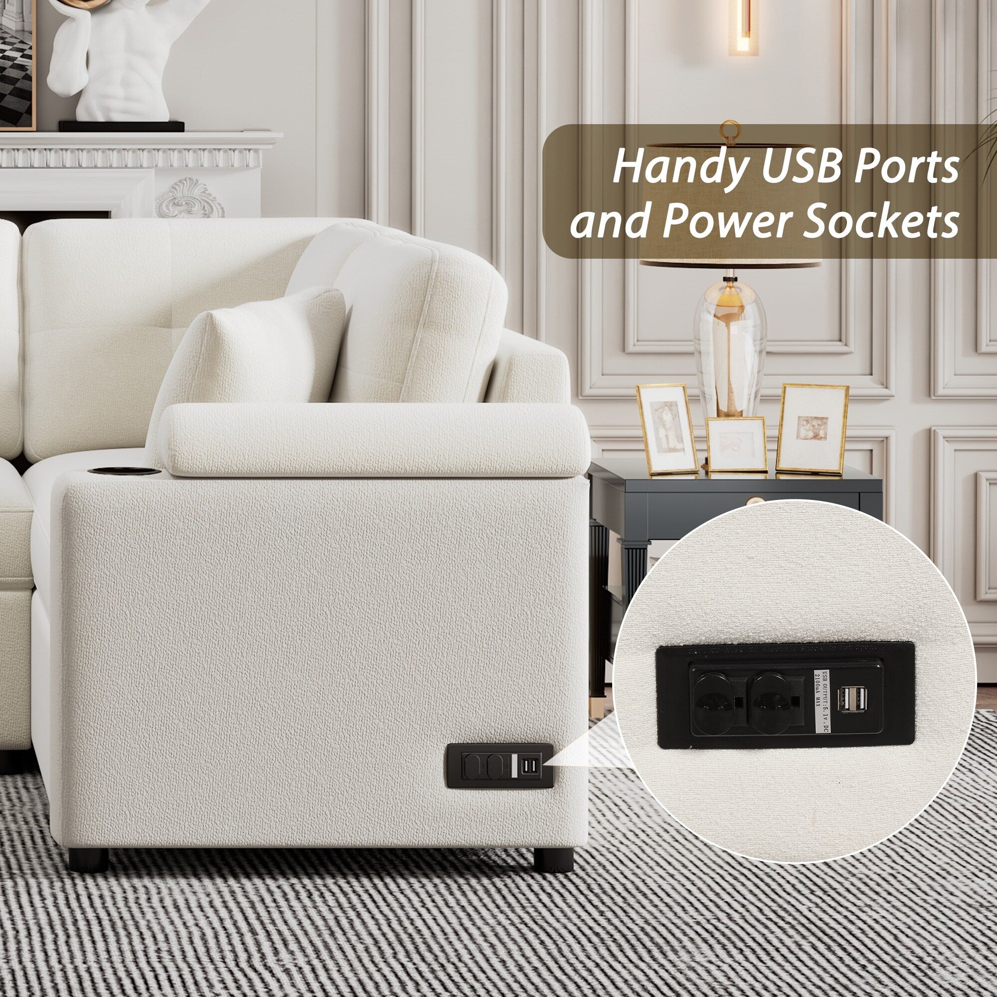 Canapé-lit 3 places en tissu beige de 221 cm avec lit gigogne, roulettes, ports USB, prises de courant et porte-gobelets intégrés