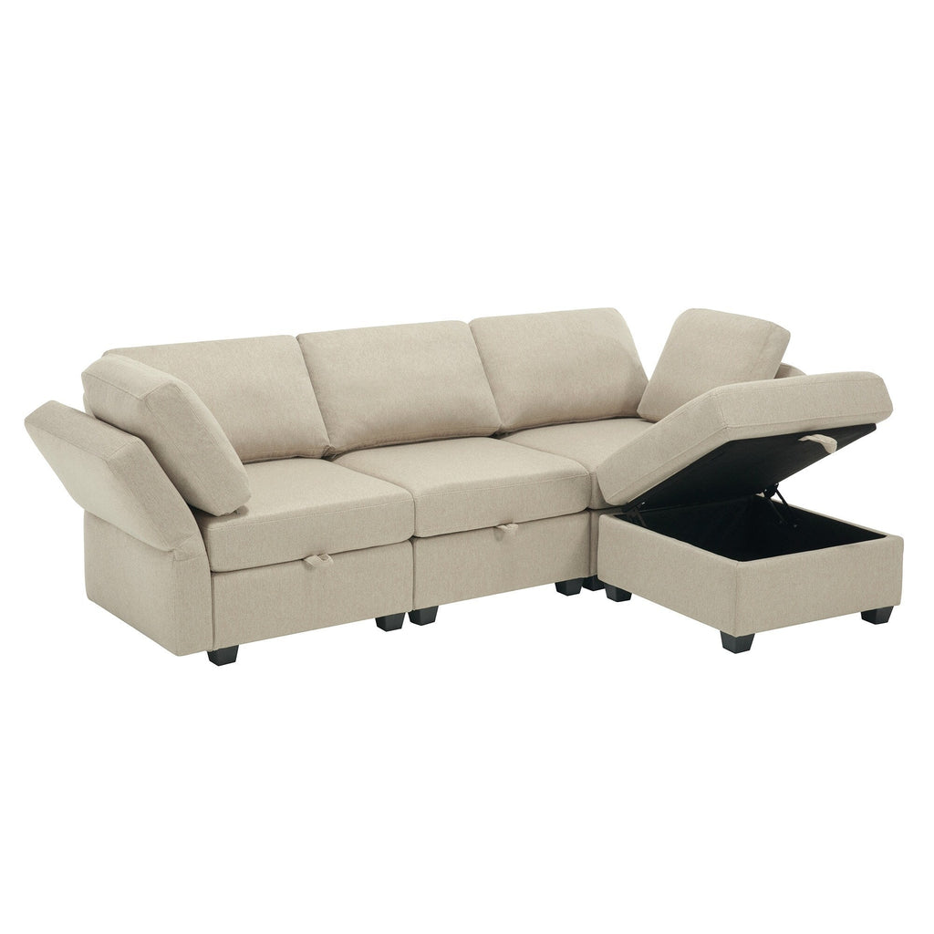 Canapé modulaire 3 places beige de 87,9 po avec pouf, dossiers et accoudoirs réglables, sièges avec rangement et coussins épais