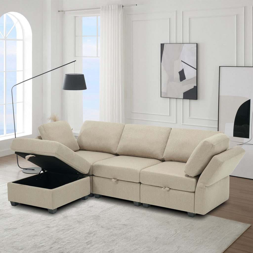 Canapé modulaire 3 places beige de 87,9 po avec pouf, dossiers et accoudoirs réglables, sièges avec rangement et coussins épais