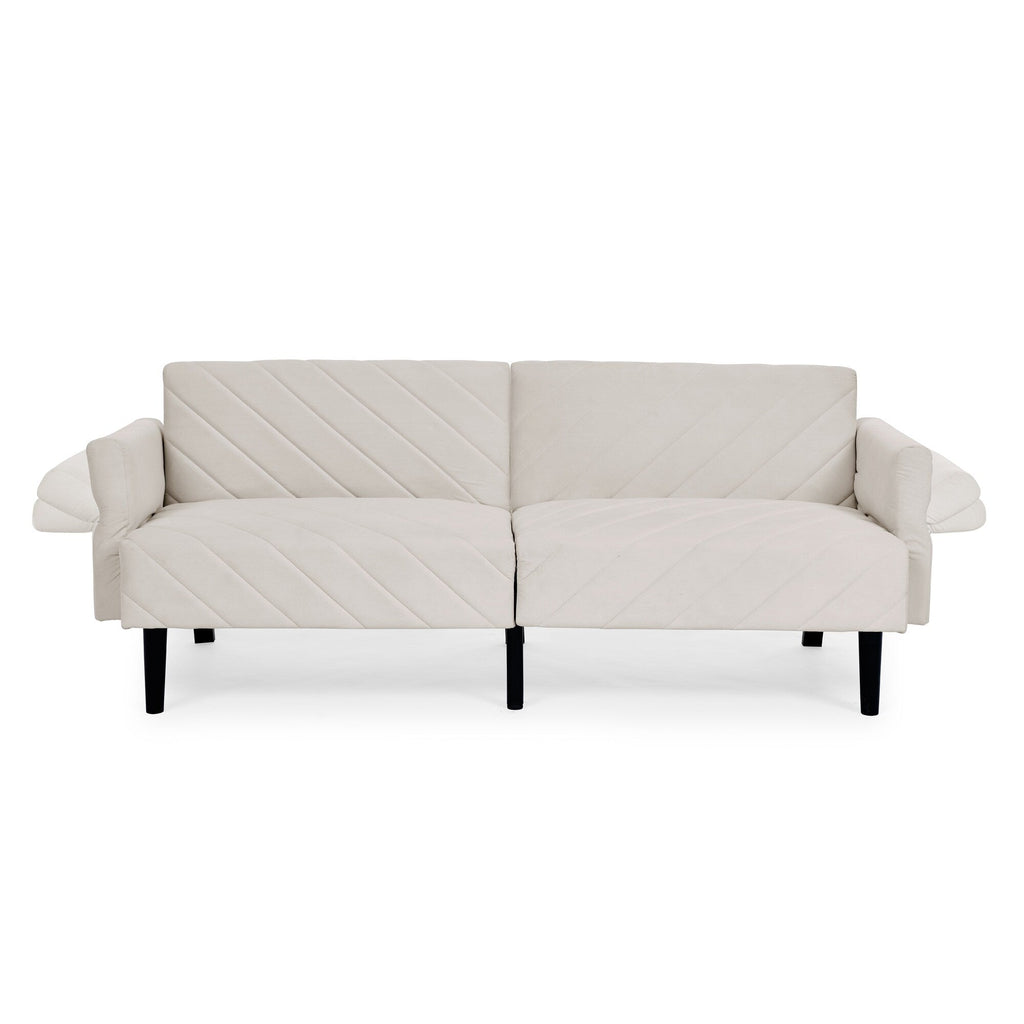 Canapé-lit futon convertible capitonné en velours beige 87 avec accoudoirs réglables pour salon