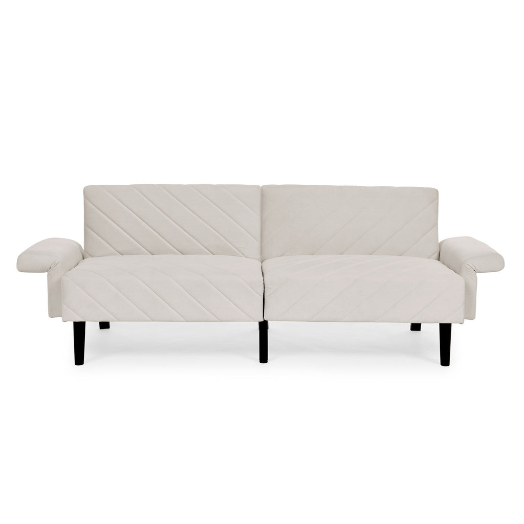 Canapé-lit futon convertible capitonné en velours beige 87 avec accoudoirs réglables pour salon
