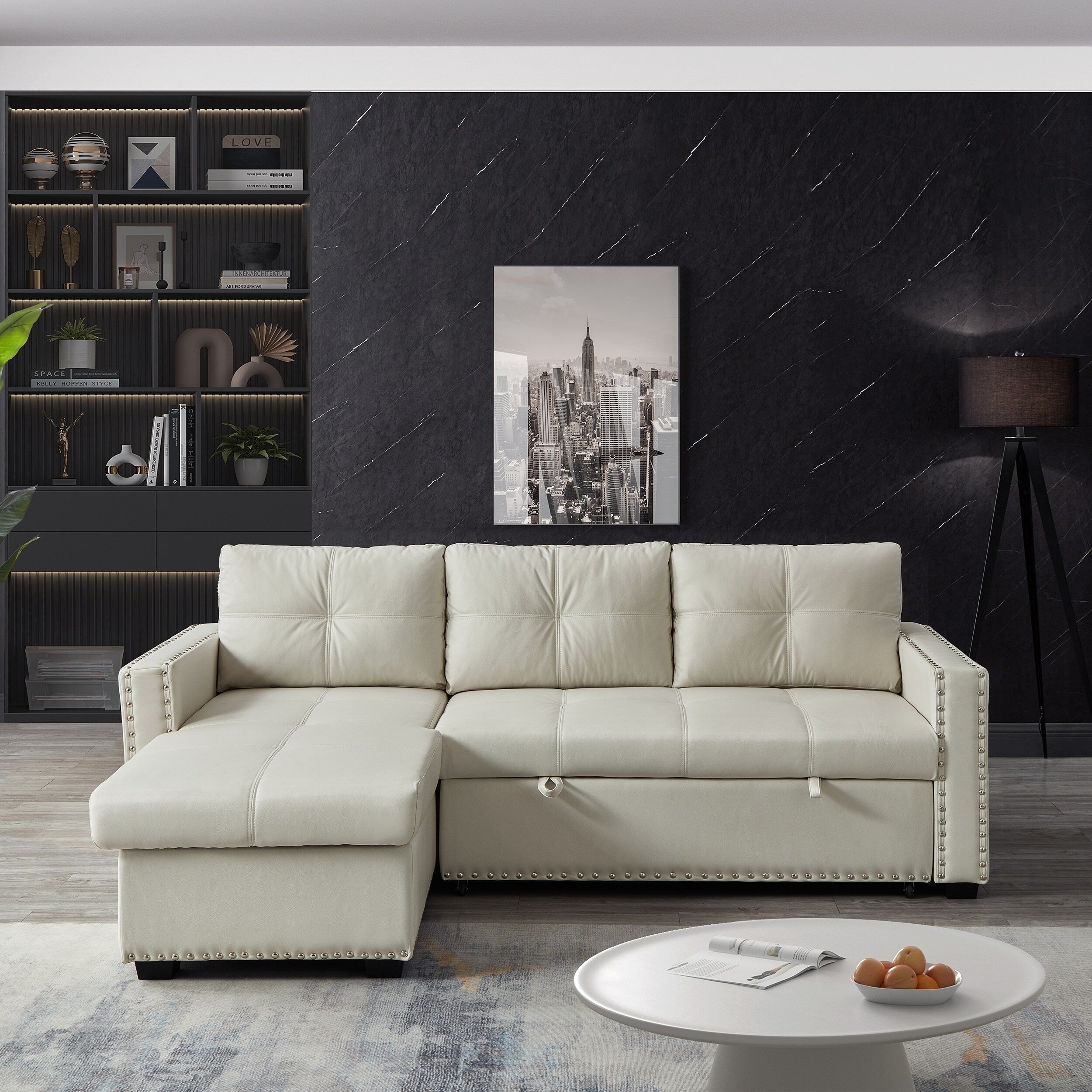 Canapé-lit convertible 3 places beige de 88 po avec méridienne de rangement, lit gigogne, garniture cloutée argentée, rembourrage en éponge confortable