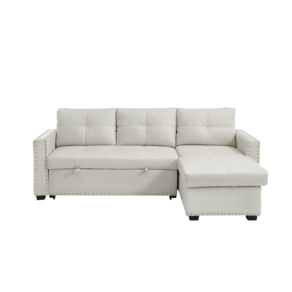 Canapé-lit convertible 3 places beige en microfibre de 88 po avec méridienne de rangement et fonction lit gigogne