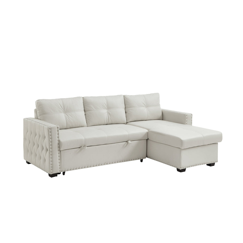 Canapé-lit convertible 3 places beige en microfibre de 223 cm avec méridienne de rangement, lit gigogne et coussin en éponge de haute qualité