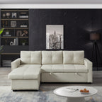 Canapé-lit convertible 3 places beige en microfibre de 223 cm avec méridienne de rangement, lit gigogne et coussin en éponge de haute qualité