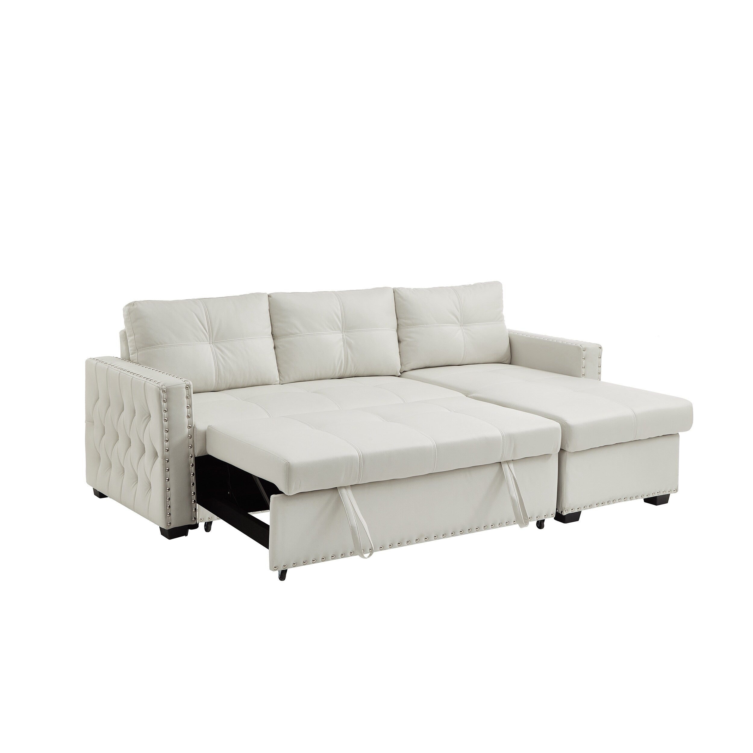 Canapé-lit convertible beige en microfibre de 88 po avec méridienne de rangement