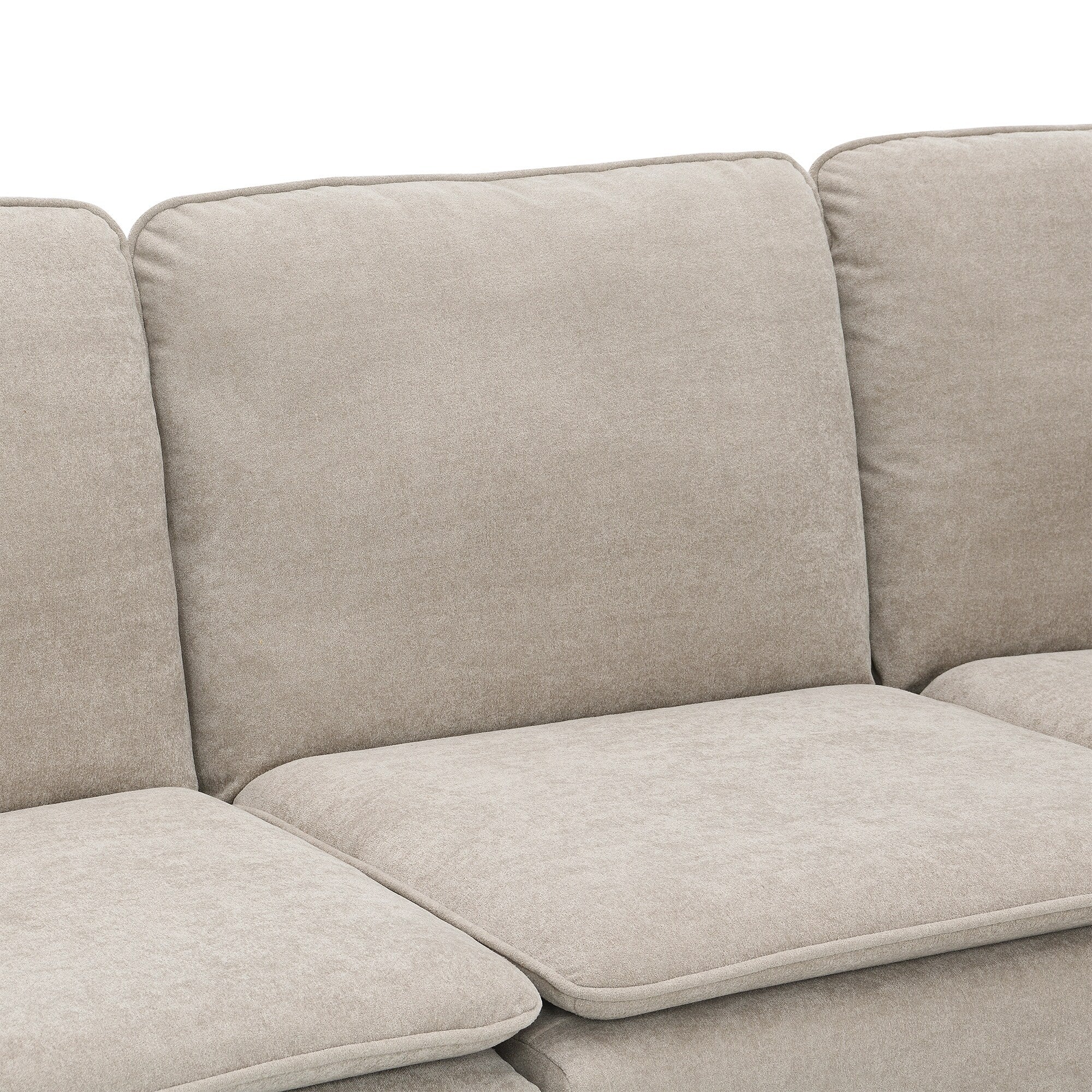 Canapé modulable 5 places en L en velours beige 89 avec coussins doubles, structure robuste en bois et fer