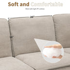 Canapé modulable 5 places en L en velours beige 89 avec coussins doubles, structure robuste en bois et fer