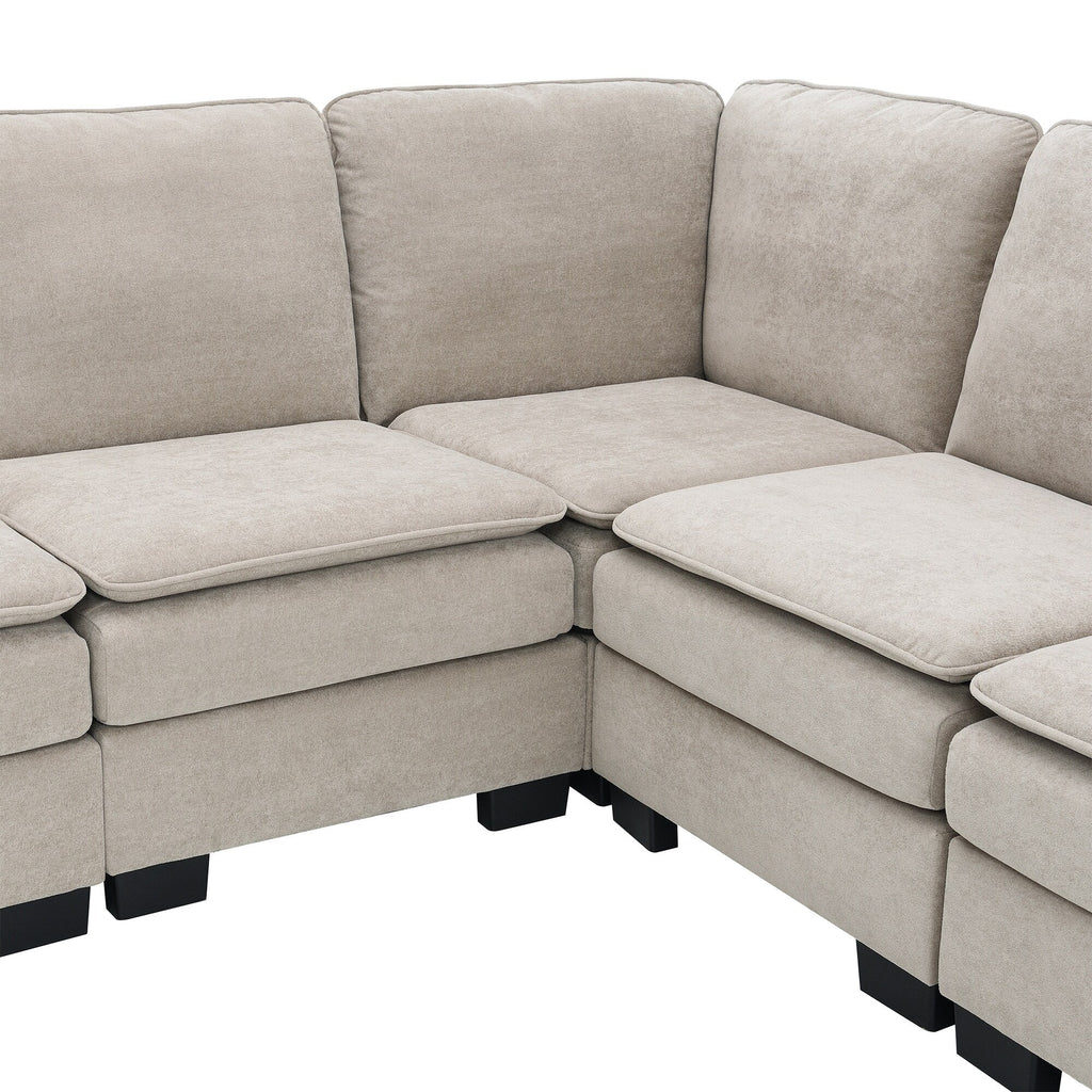 Canapé modulable 5 places en L en velours beige 89 avec coussins doubles, structure robuste en bois et fer