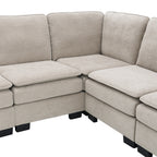 Canapé modulable 5 places en L en velours beige 89 avec coussins doubles, structure robuste en bois et fer