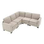 Canapé modulable 5 places en L en velours beige 89 avec coussins doubles, structure robuste en bois et fer