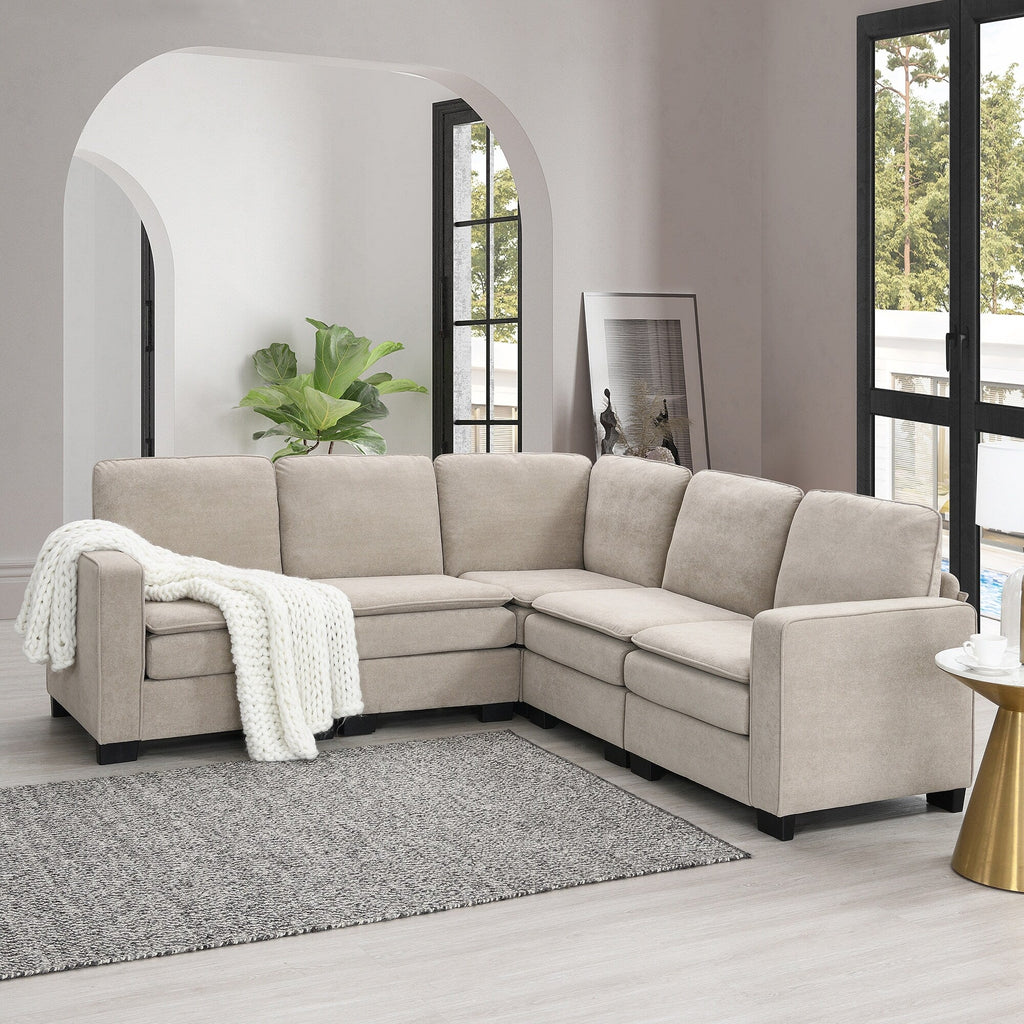 Canapé modulable 5 places en L en velours beige 89 avec coussins doubles, structure robuste en bois et fer