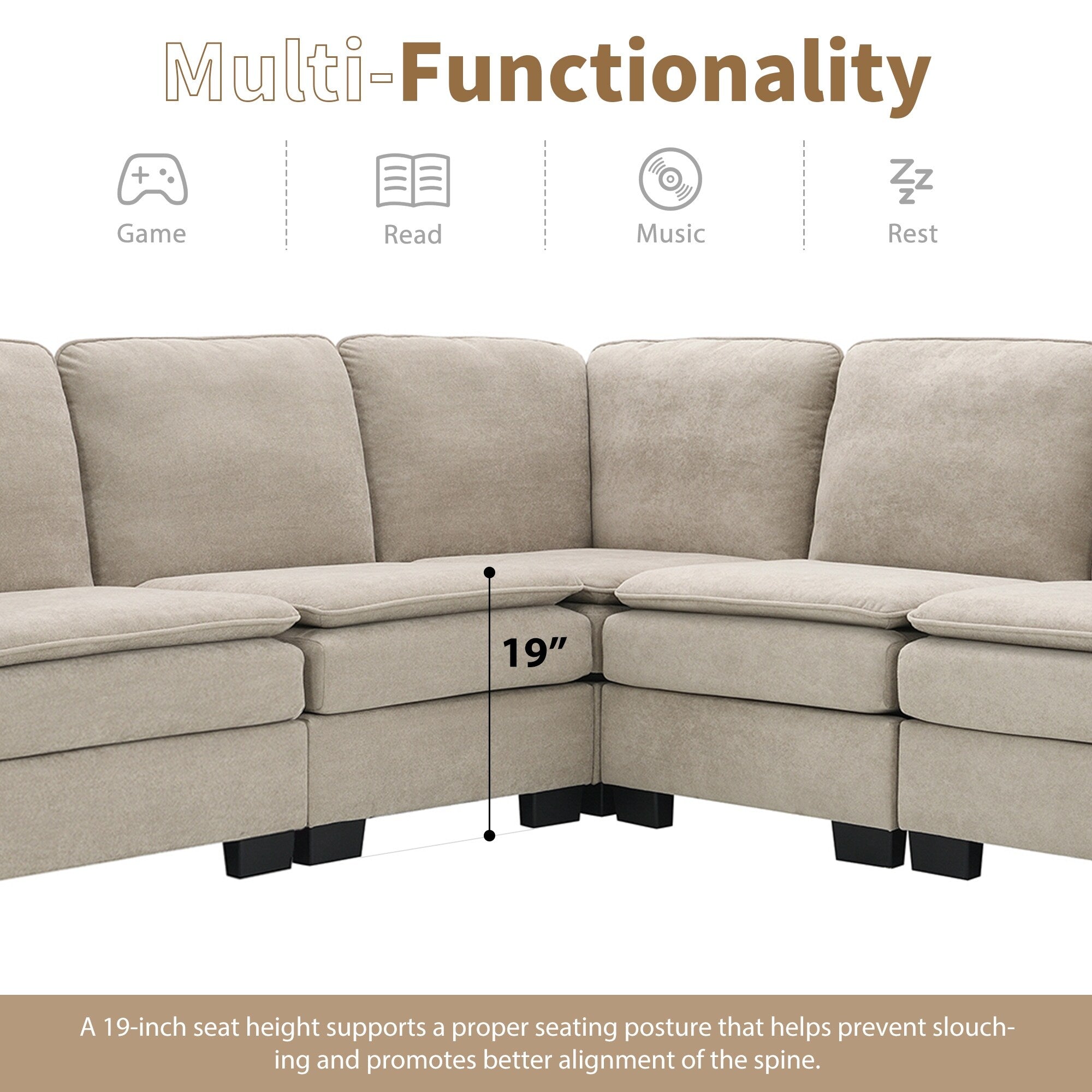 Canapé d'angle 5 places en velours beige 89, surdimensionné, avec coussins doubles