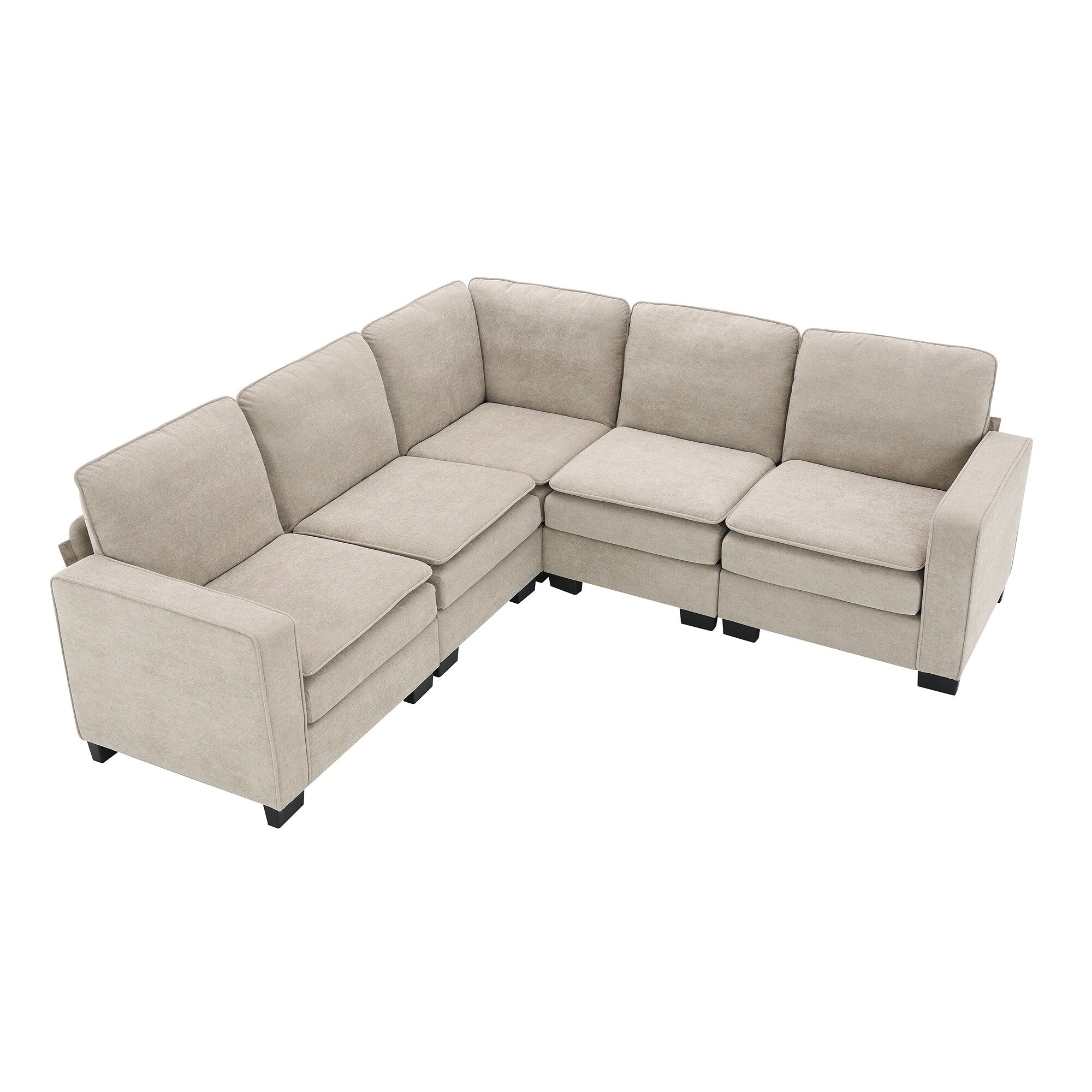 Canapé sectionnel 5 places en velours beige 89 po avec coussins doubles