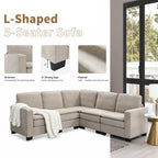 Canapé sectionnel 5 places en velours beige 89 po avec coussins doubles