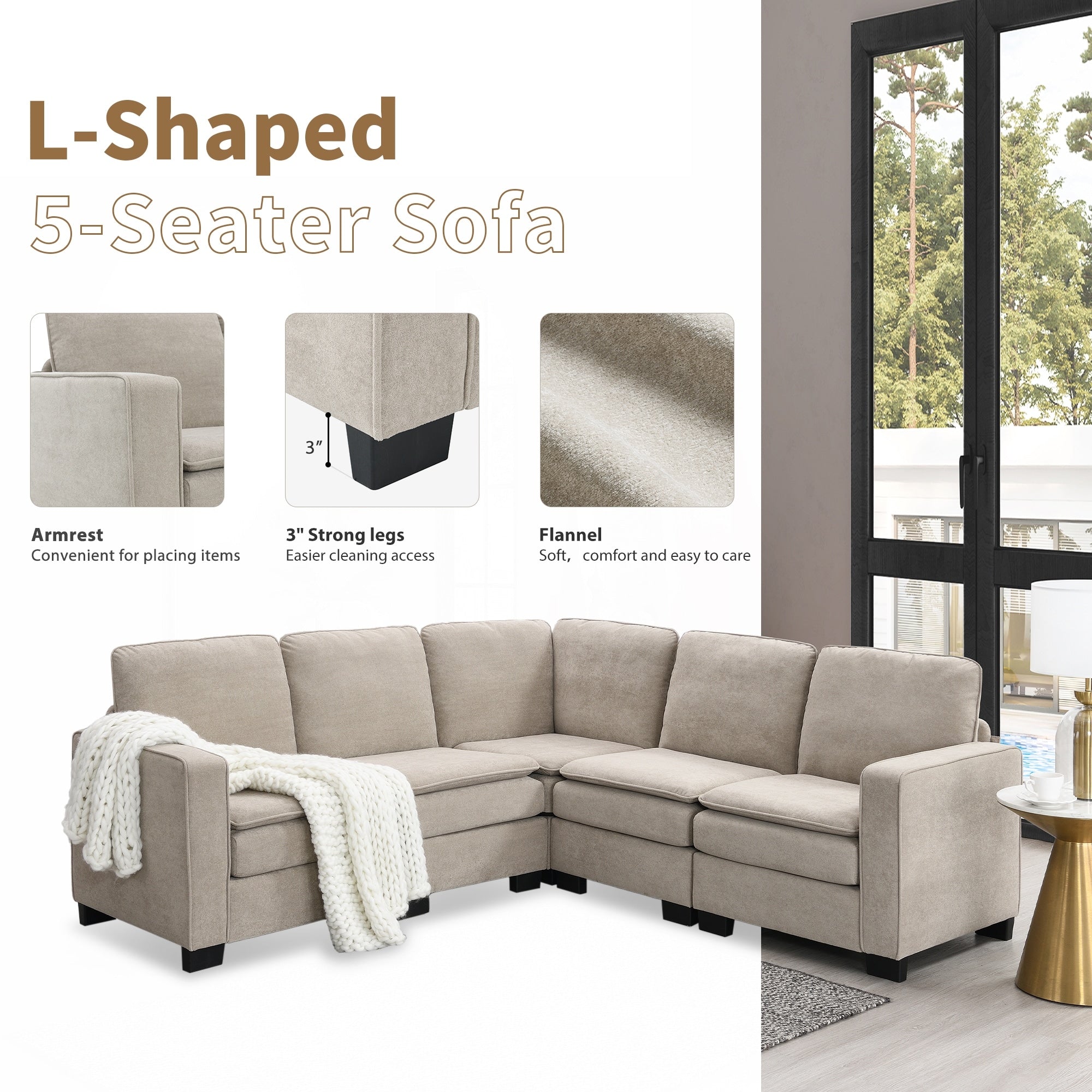 Canapé sectionnel 5 places en velours beige 89 po avec coussins doubles