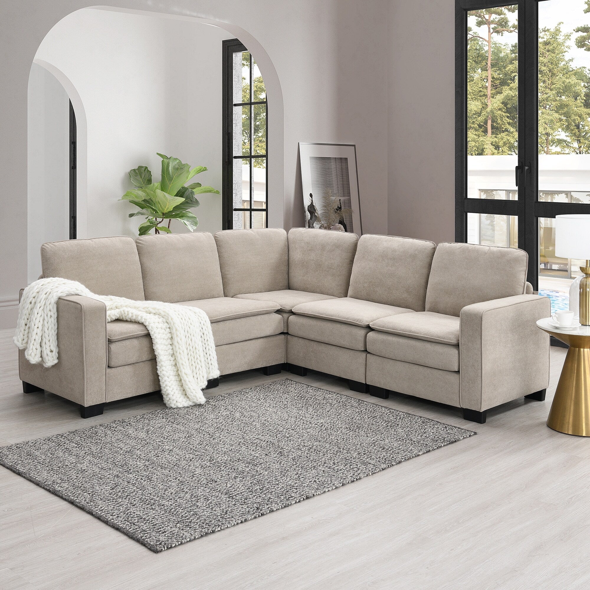 Canapé sectionnel 5 places en velours beige 89'' en forme de L avec coussins doubles, cadre robuste en bois et fer