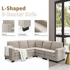 Canapé sectionnel 5 places en velours beige 89'' en forme de L avec coussins doubles, cadre robuste en bois et fer