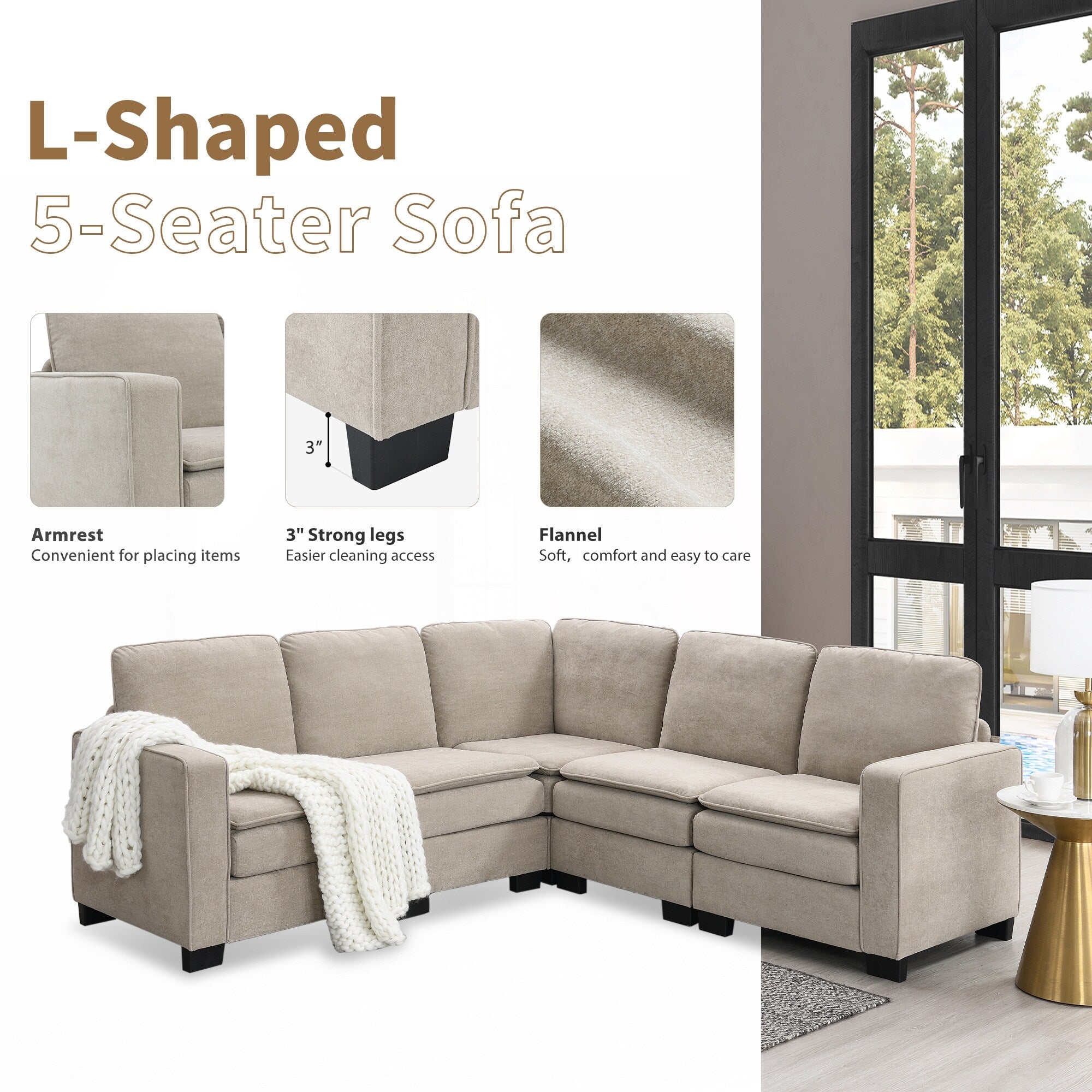 Canapé sectionnel 5 places en velours beige 89'' en forme de L avec coussins doubles, cadre robuste en bois et fer