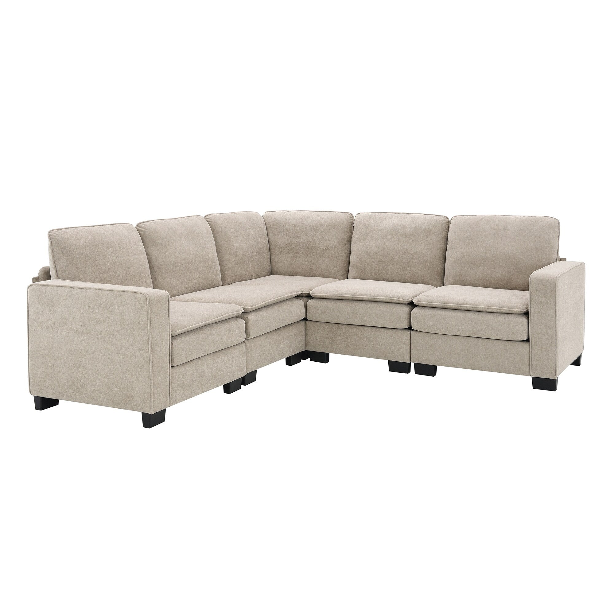 Canapé sectionnel 5 places en velours beige 89'' en forme de L avec coussins doubles, cadre robuste en bois et fer