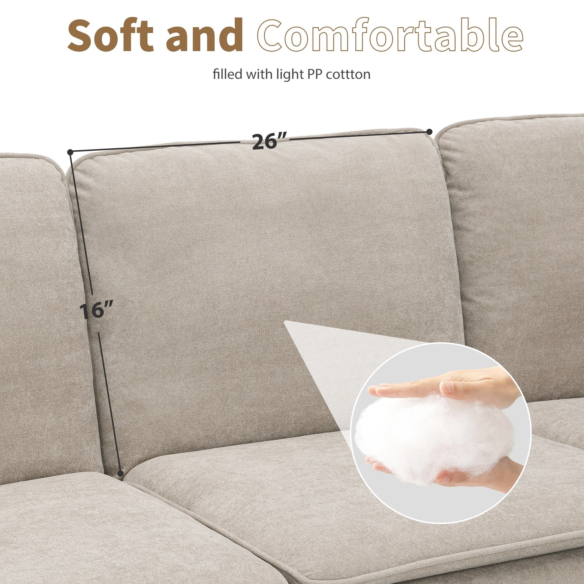 Canapé sectionnel 5 places en velours beige 89'' en forme de L avec coussins doubles, cadre robuste en bois et fer