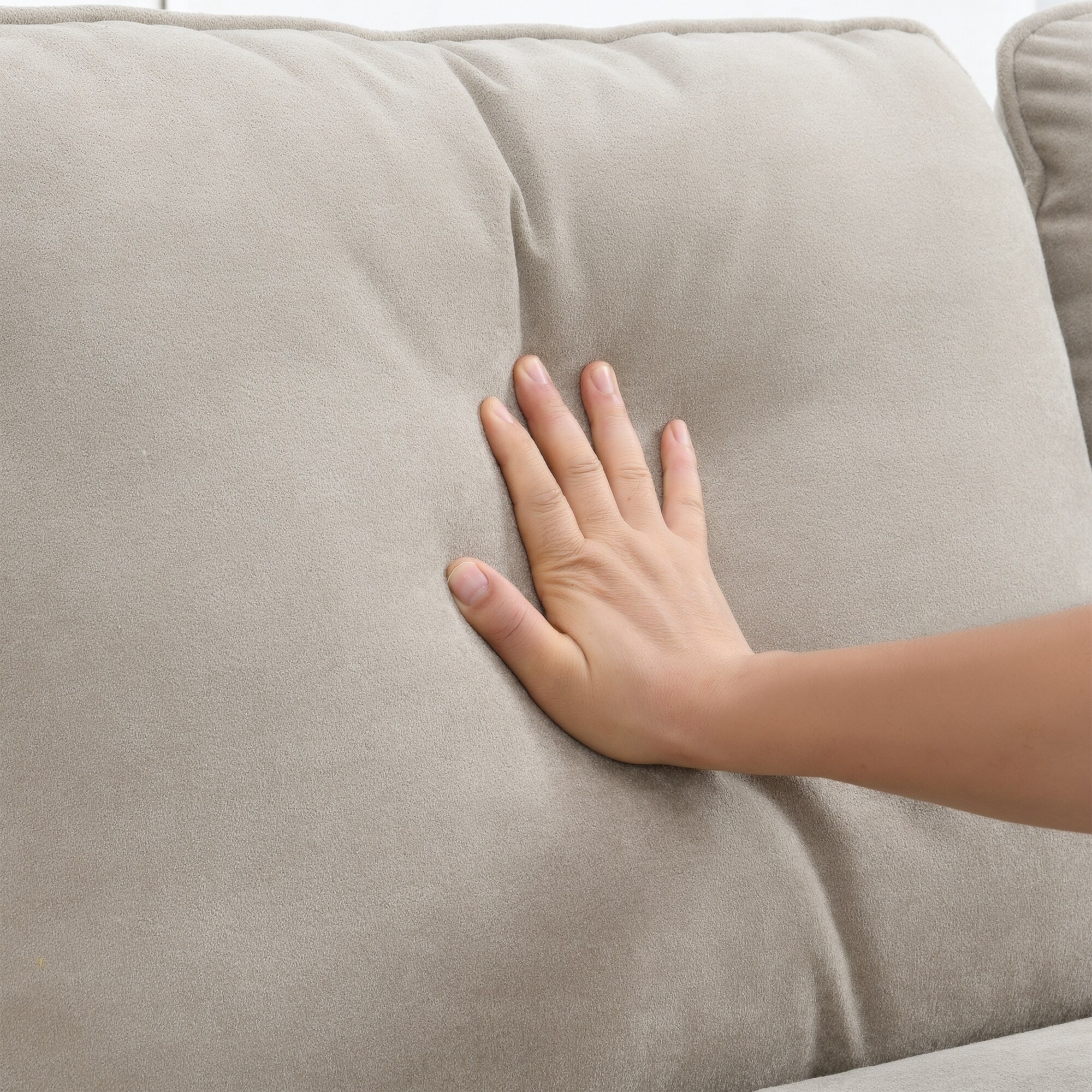 Canapé sectionnel 5 places en velours beige 89 po avec coussins doubles