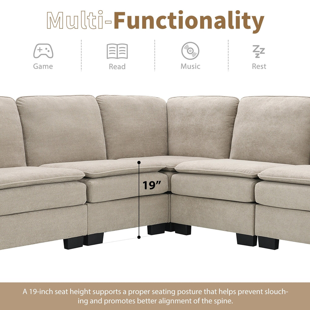 Canapé sectionnel 5 places en velours beige 89 po avec coussins doubles