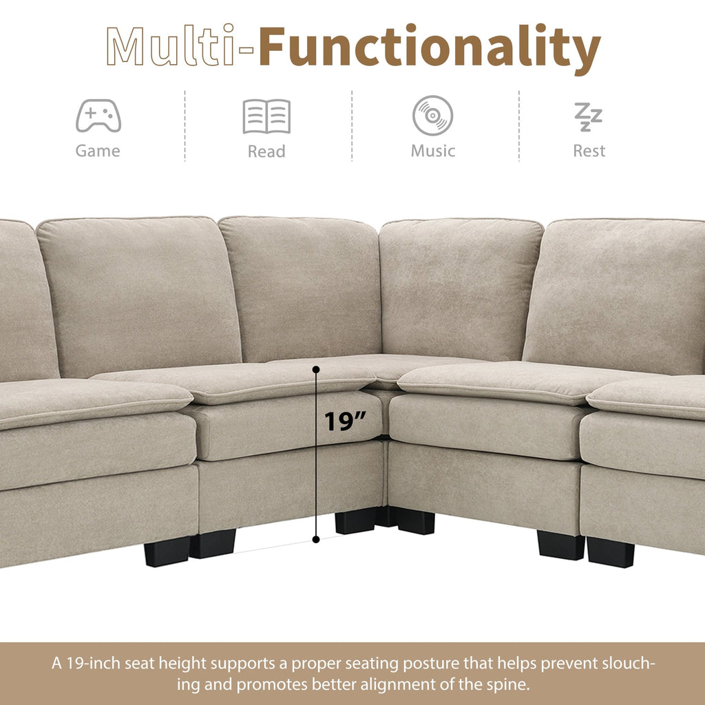 Canapé sectionnel 5 places en velours beige 89 po avec coussins doubles