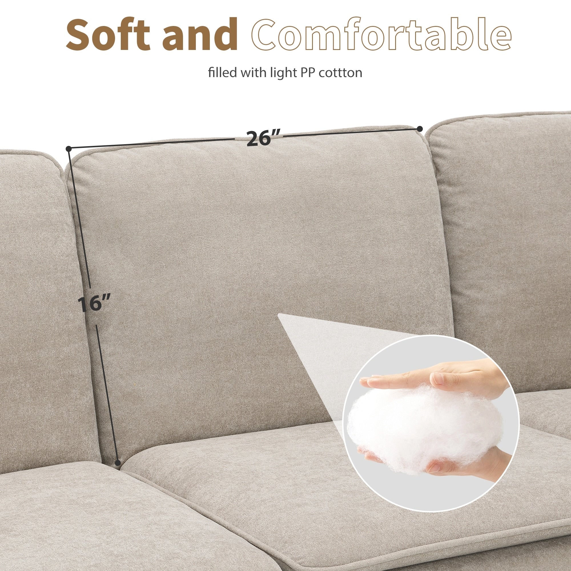 Canapé sectionnel 5 places en velours beige 89 po avec coussins doubles