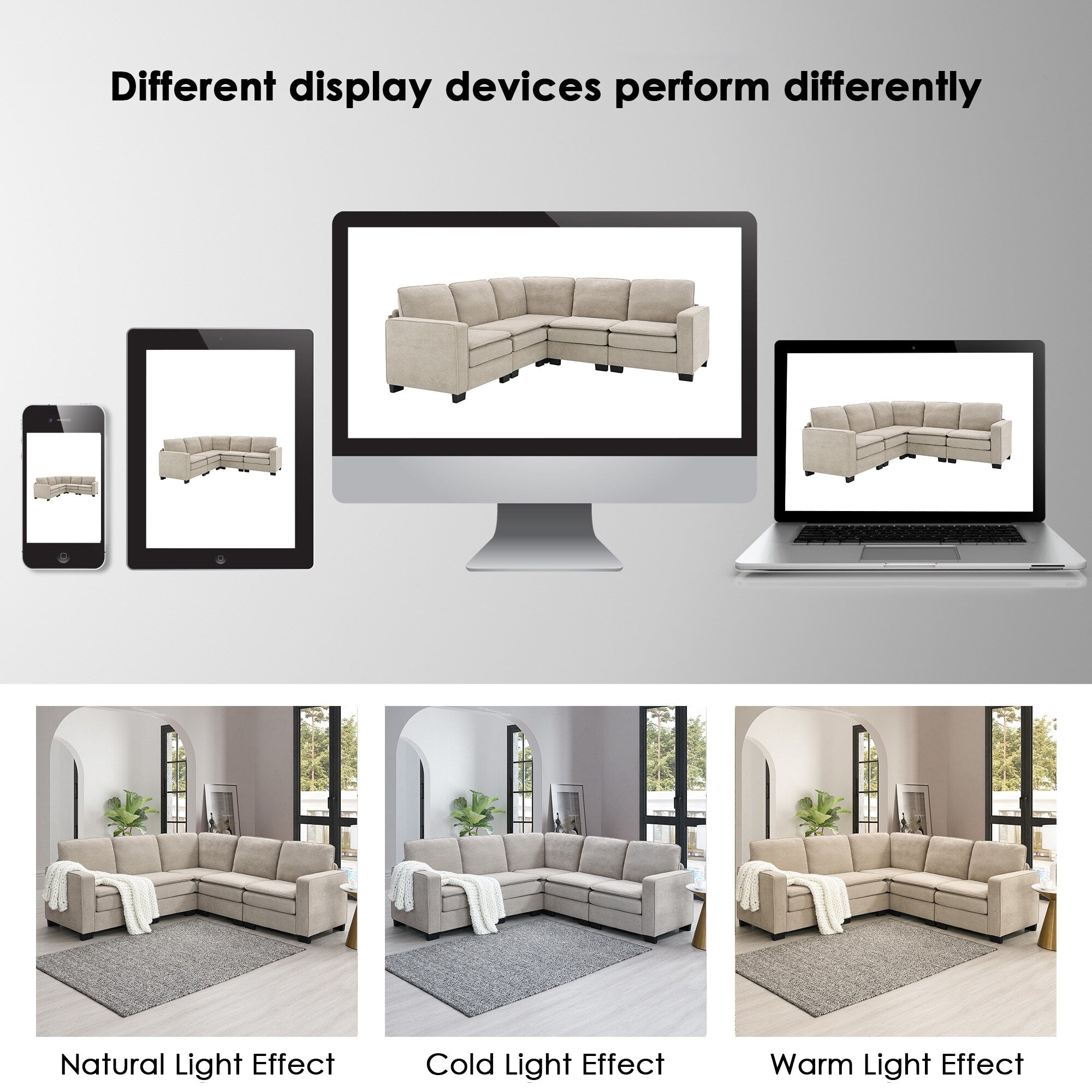 Canapé sectionnel 5 places en velours beige de 89 po avec coussins doubles, structure en fer et bois pour plus de stabilité
