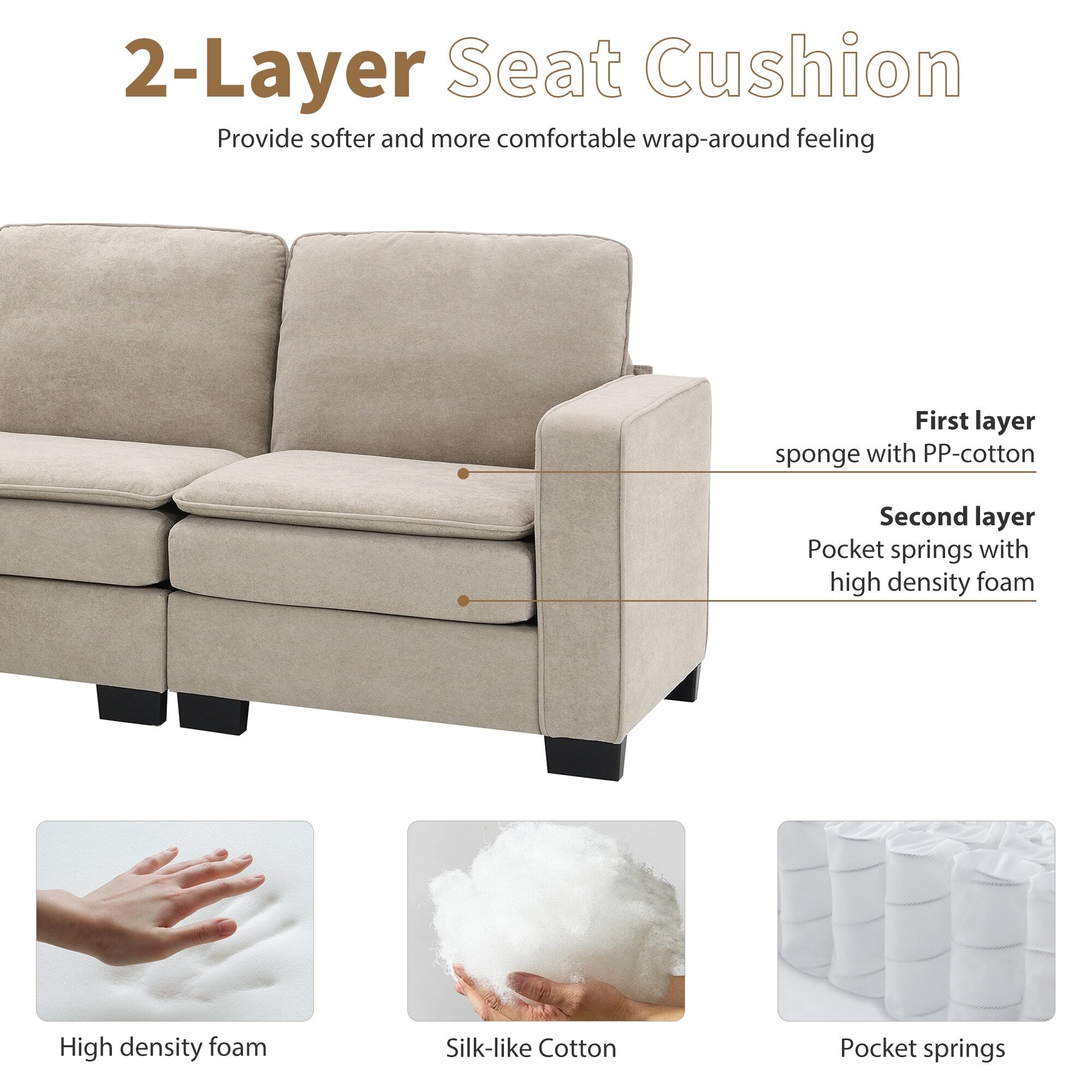 Canapé sectionnel 5 places en velours beige de 89 po avec coussins doubles, structure en fer et bois pour plus de stabilité