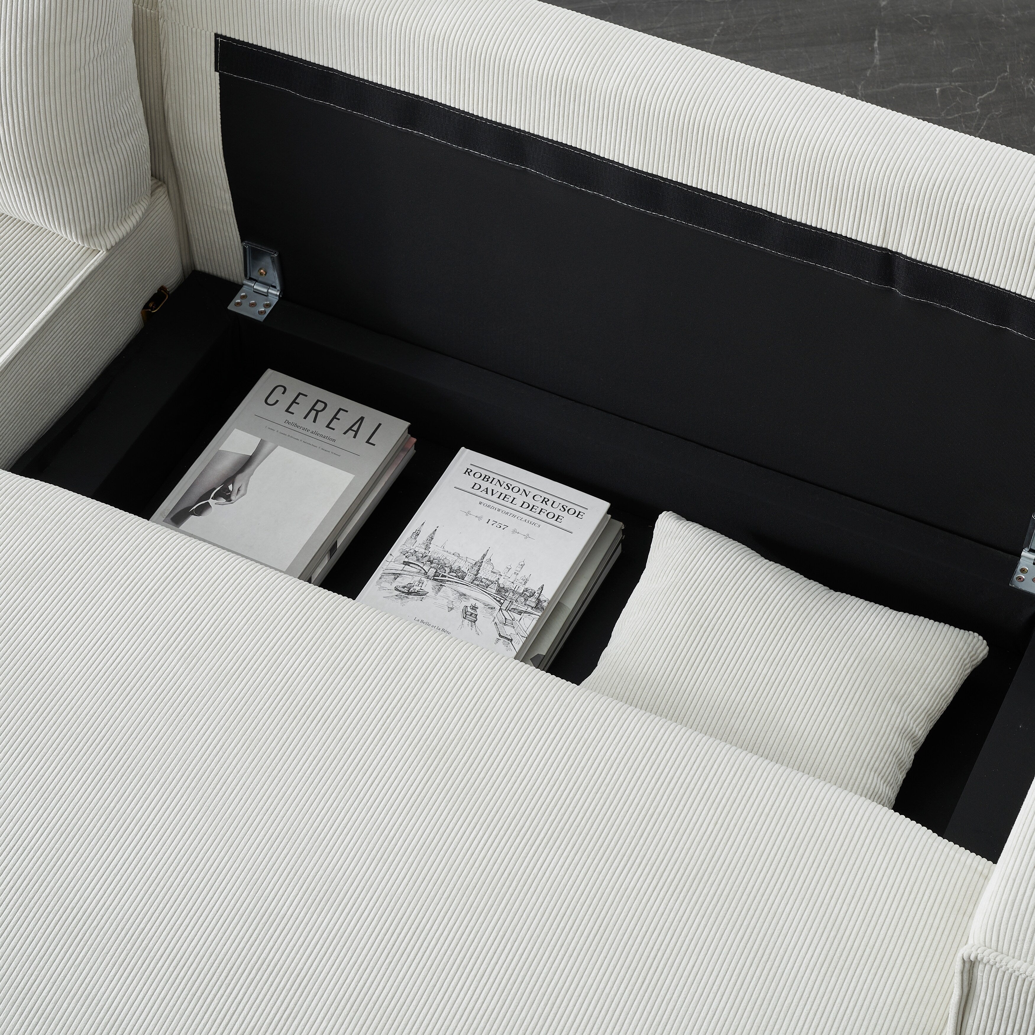 Canapé-lit 3 places en velours côtelé beige de 93 po avec 2 coussins décoratifs, méridienne convertible, rangement et configuration réglable